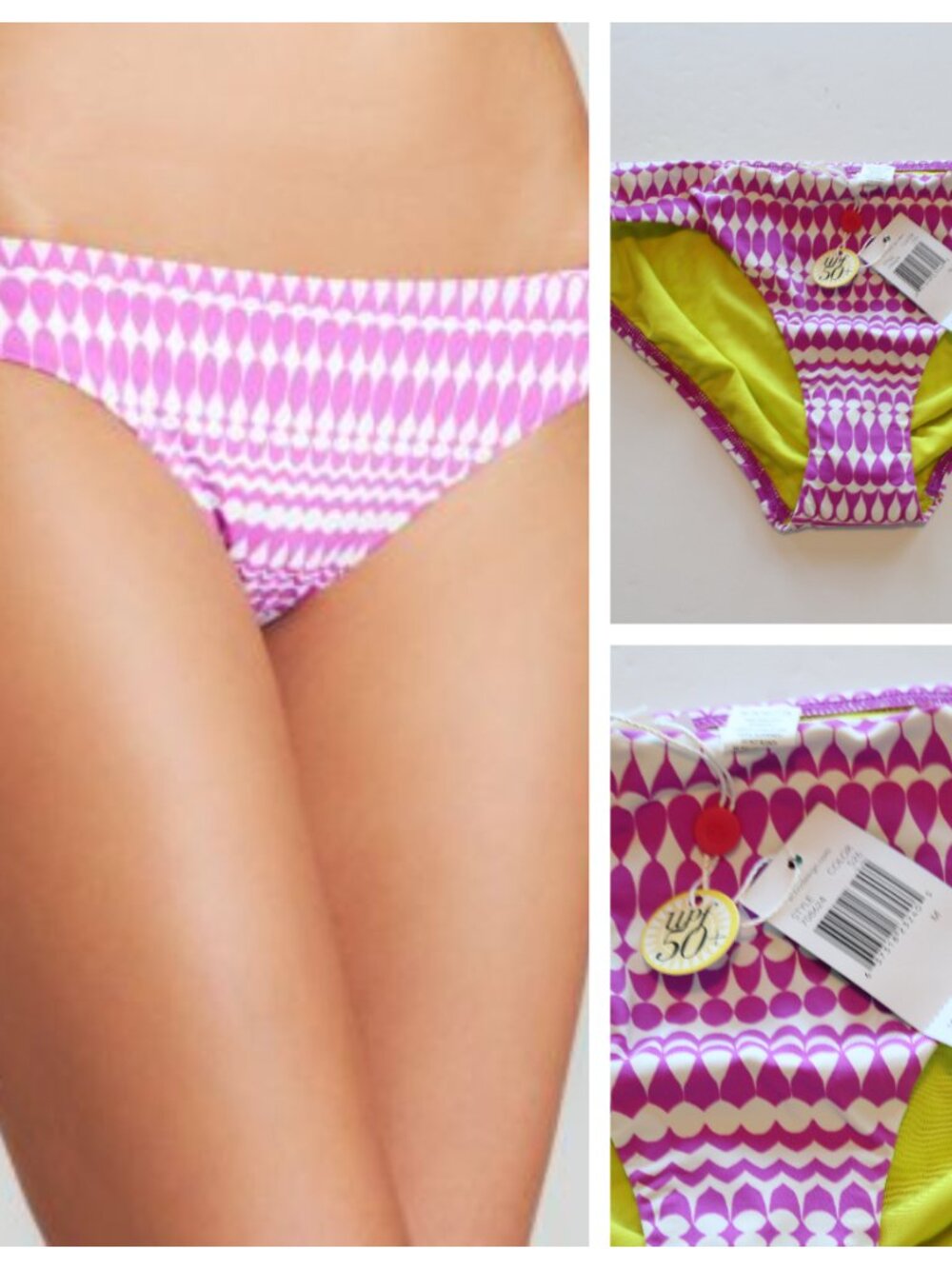 Echo Design Geometric Print Swim Bikini Bottom UPF 50 Purple White Medium NWT